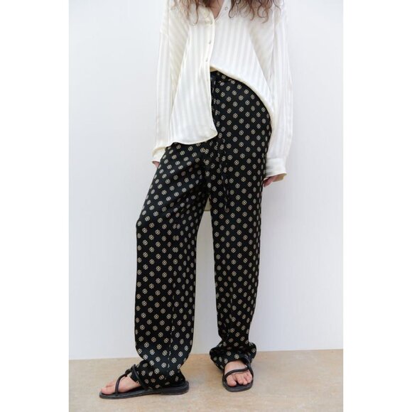 ZARA Black Floral Print Drawstring Straight Leg Pants Women's Medium M - Picture 2 of 6